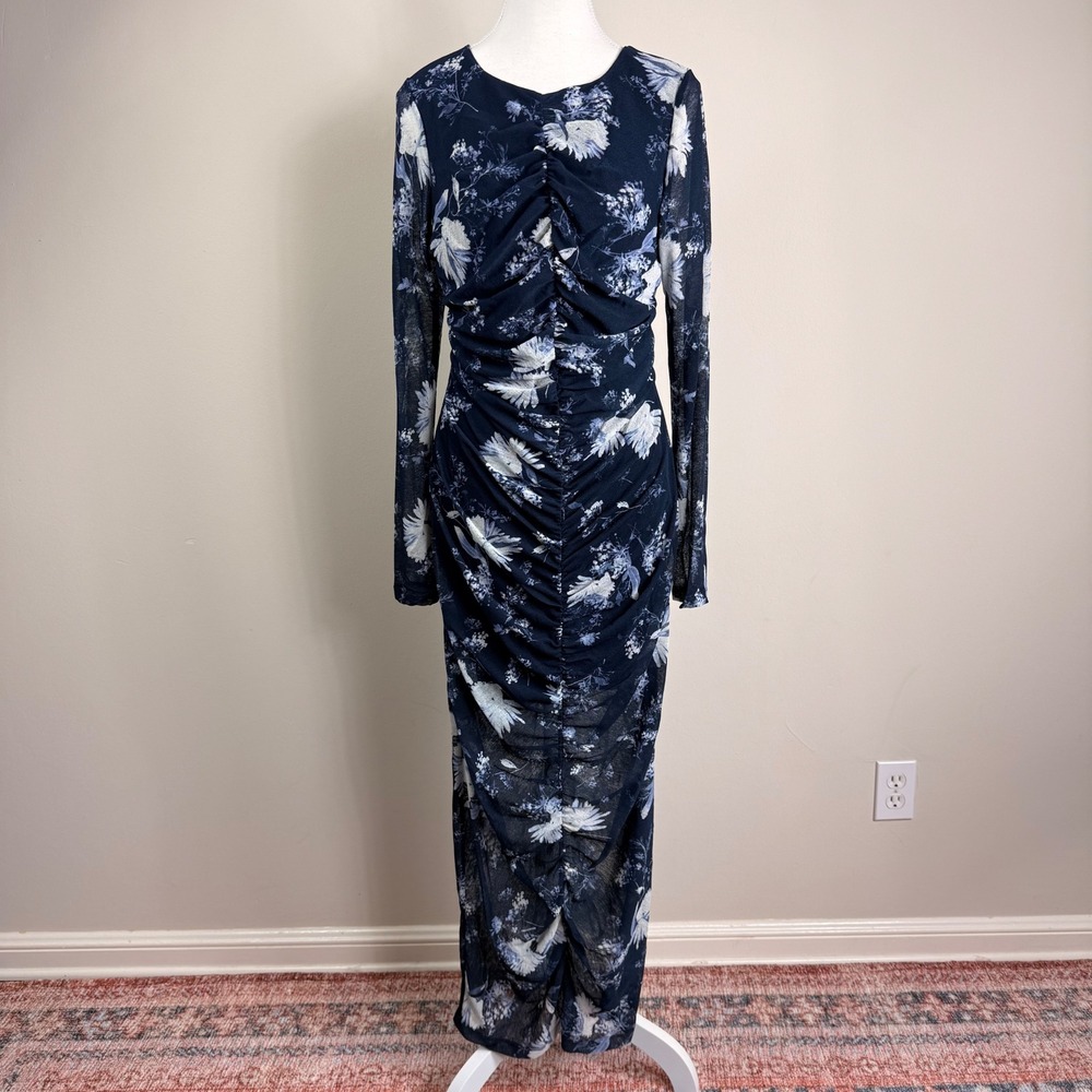 Abercrombie & Fitch Navy Blue Floral Ruched Mesh Maxi Dress Large Stretch NWT - Picture 1 of 10